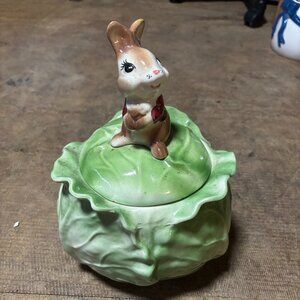 Metlox Poppytrail Cookie Jar Bunny Rabbit on Cabbage 1960